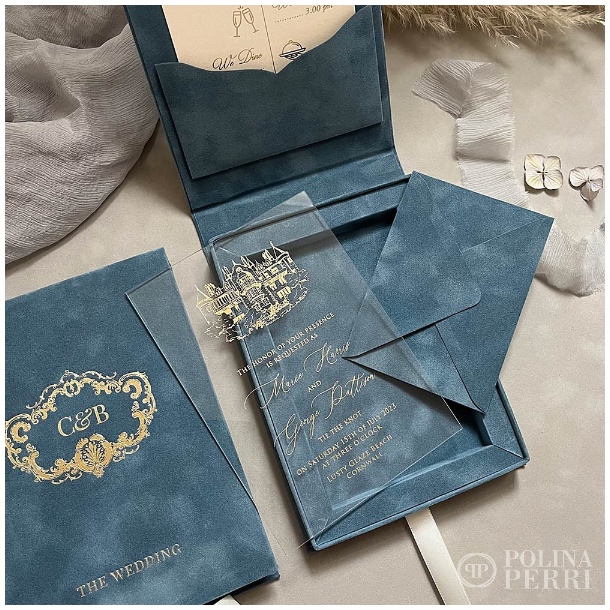 Acrylic wedding invitations in luxury boxes