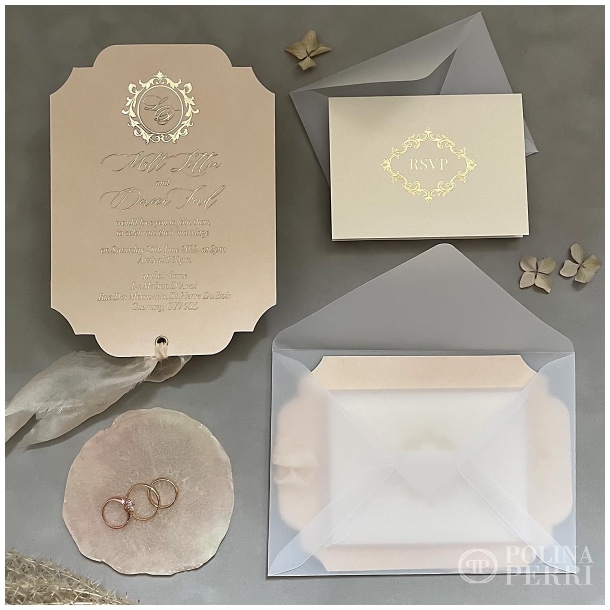 Blush pink vintage invitations vellum envelope