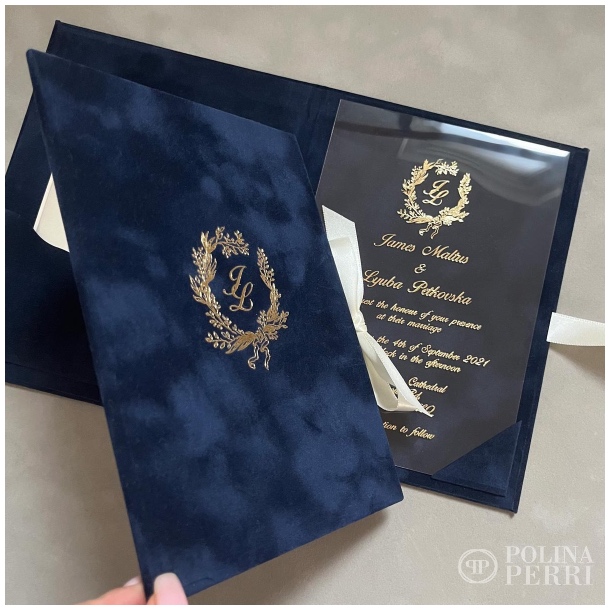 navy blue folio wedding invitations