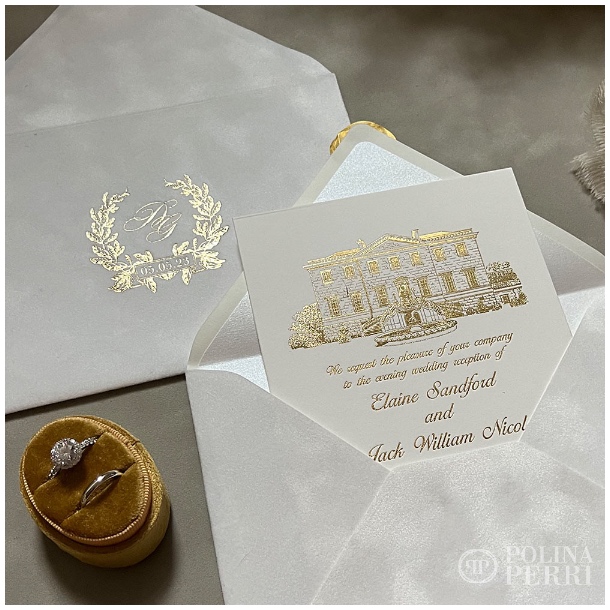 Gold foil venue wedding invitations