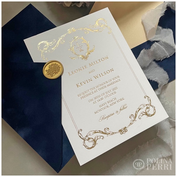 gold navy blue wedding invitations US