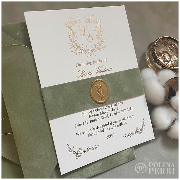 gold sage green wedding invitations