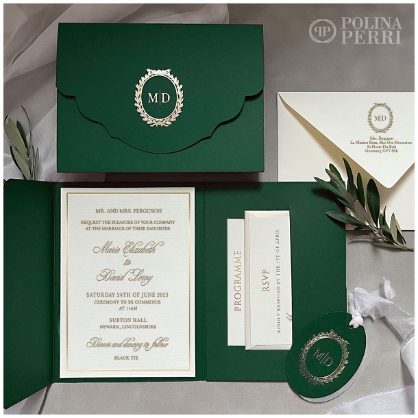 green pocketfold wedding invitations