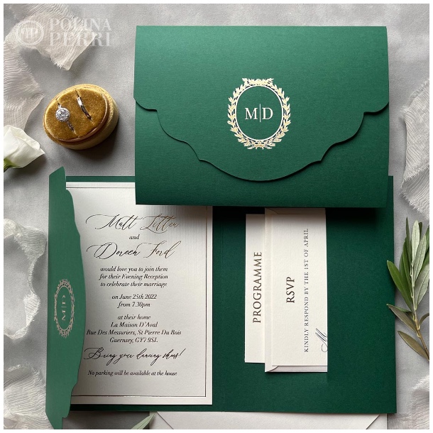 green pocket fold wedding invitations