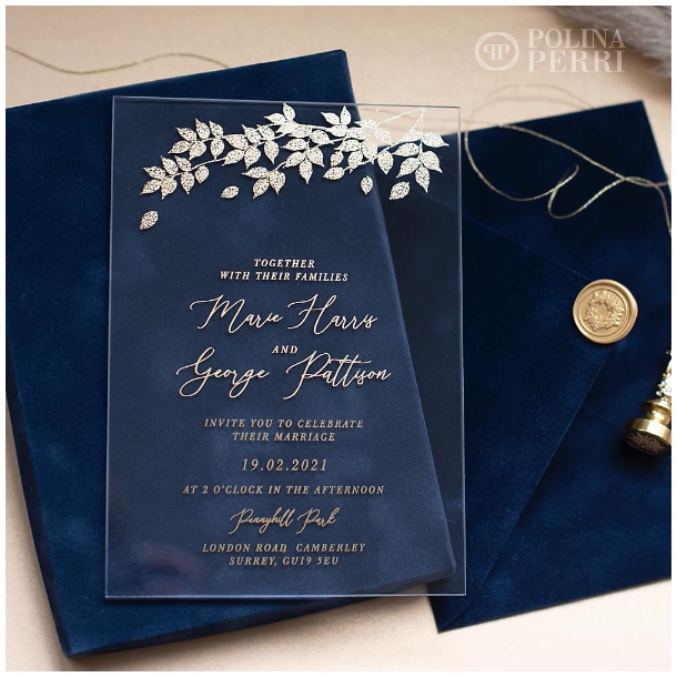  navy blue gold wedding invitations velvet glass