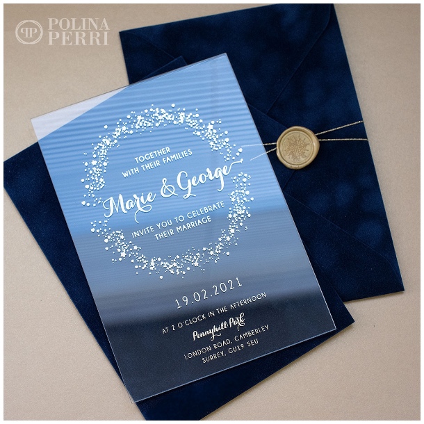 acrylic navy blue wedding invitations gold
