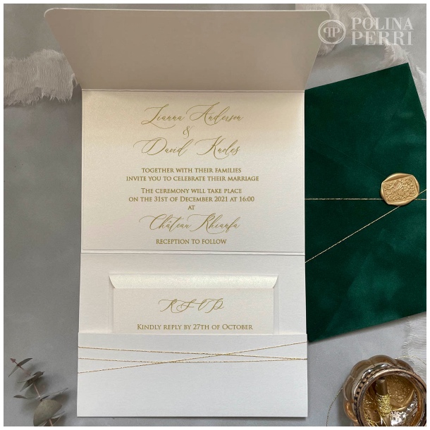 pocket fold wedding invitations green