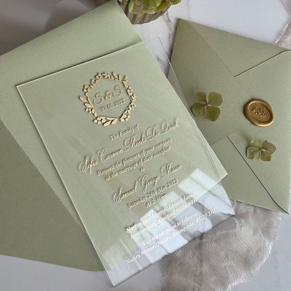 sage green acrylic wedding invitations