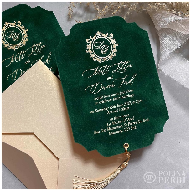 Velvet green wedding invitations uS