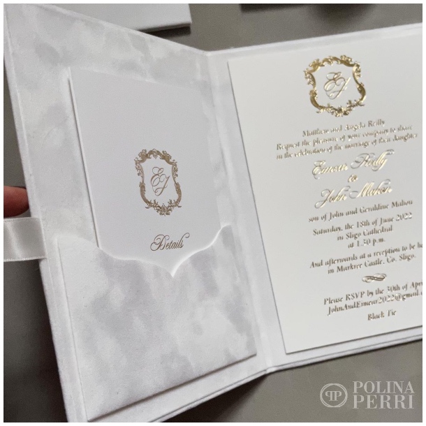 white gold folio wedding invitations